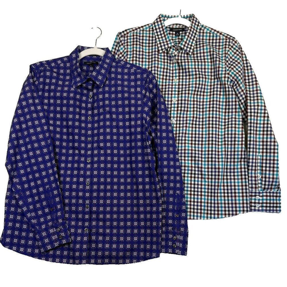 Lands End LOT of 2 Assorted Button down cotton Pattern/Plaid Shirts Size‎ 14